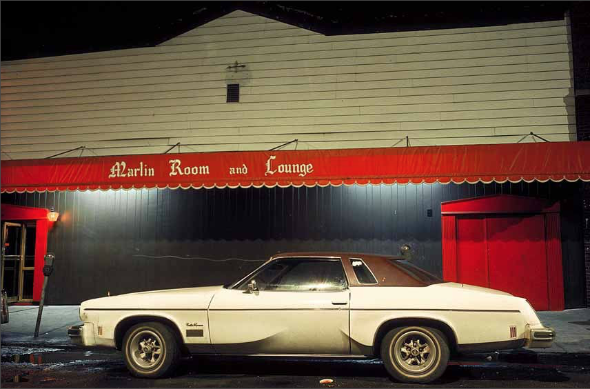Marlin Room car, Cutlass Supreme in front of Marlin Room and Loundge connected to Clam Broth House, Hoboken, NJ, 1975