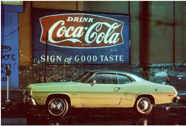 Sign of Good Taste car, Plymouth Duster, Hoboken, NJ, 1975