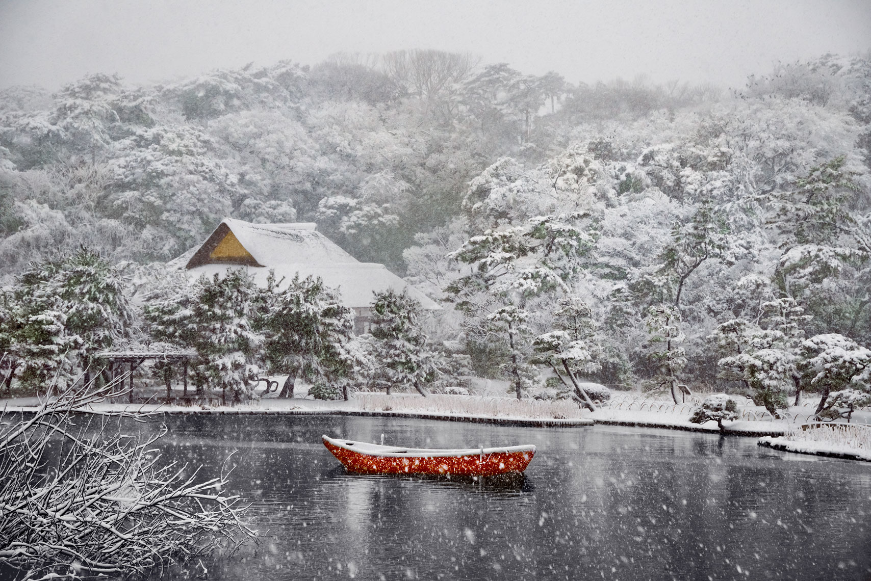 Boat Covered in Snow in Sankei-en Gardens. Yokohama, Japan, 2014.