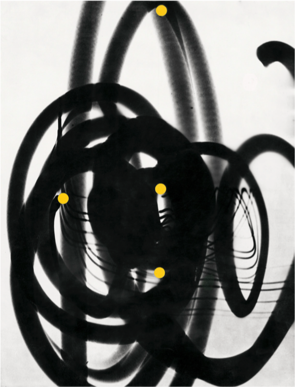 Black traces + 4 yellow pastilles, 1952-53.